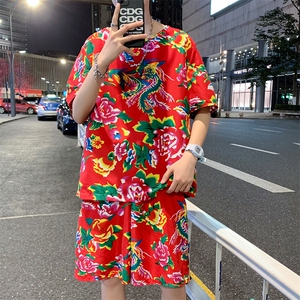 TZ203夏季新款男士T恤短裤套装东北大花大码红色蓝色青年运动套装图片