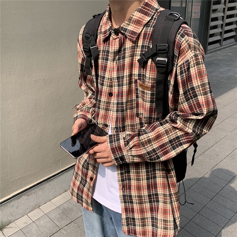 B413-1-DX891美式复古格子衬衫男女宽松休闲百搭潮流长袖衬衣外套,男装衬衫,电商B413-1