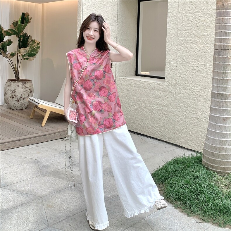新中式国风女2025夏季新款独特漂亮印花改良旗袍阔腿裤,女装蕾丝衫/雪纺衫,浙宝069