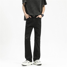 NK9805-P45黑白纯色膝盖破洞牛仔裤男弹力微喇裤，男装牛仔裤，电商B369（原A024）