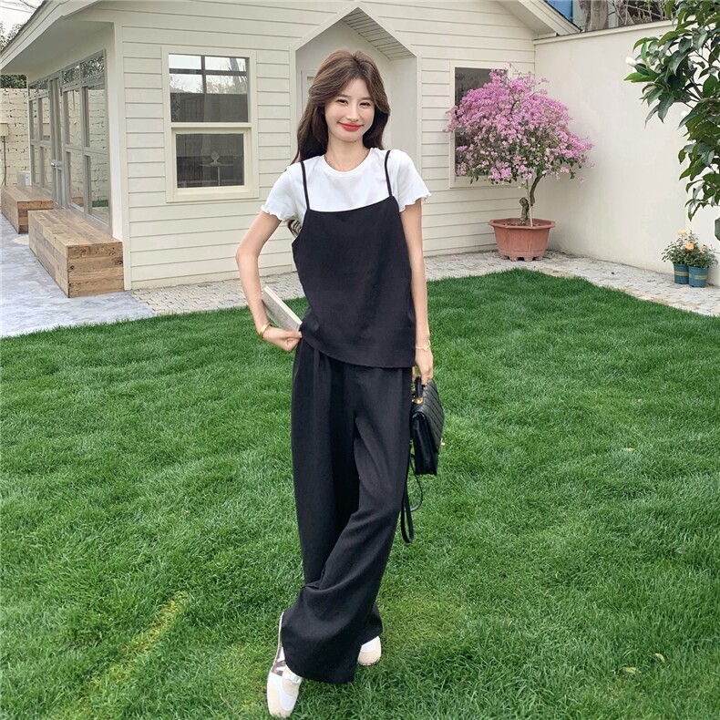 松弛感懒人穿搭黑色阔腿裤三件套女夏季2026新款T恤吊带休闲套装,女装套装/套裙,艾米莉亚