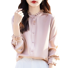 气质木耳边衬衫女外套衬衣立领优雅打底开衫内搭时尚上衣长袖百搭，女装衬衫，臻维羊绒