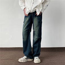 美式复古褶皱牛仔裤男四季宽松直筒高街休闲长裤D9569/p58，男装牛仔裤，电商B381-2