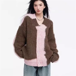 秋冬复古潮牌宽松休闲拼色开衫毛衣男女v领外套上衣潮MY9210图片
