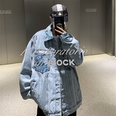 美式复古刺绣牛仔外套男春秋季潮牌ins翻领工装夹克W7842-P55，男装夹克，星座512-3