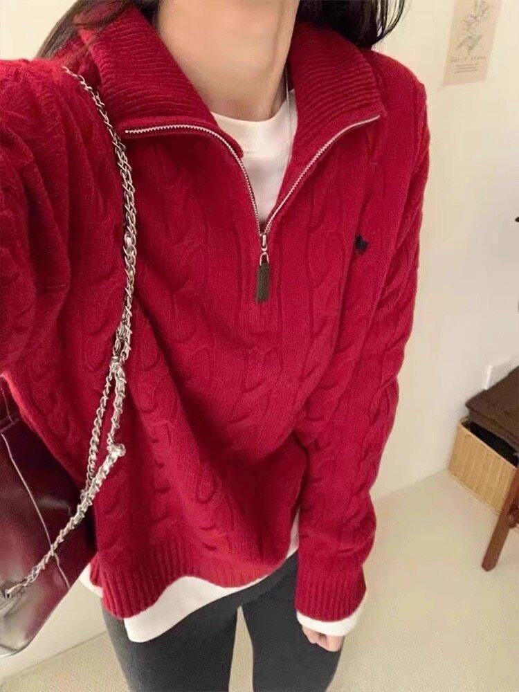 美式复古翻领半拉链麻花毛衣2025秋冬女款软糯慵懒风高领针织上衣,针织衫/毛衣,美莎羊绒