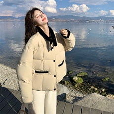韩版撞色拼接羽绒服女短款冬季新款宽松显瘦面包服白鸭绒保暖外套，女装羽绒服，2C159