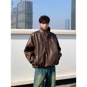 PY08-P90 春装中性美式刺绣皮夹克复古情侣皮衣休闲宽松外套男图片