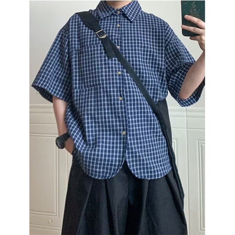 夏季青少年格子短袖衬衫男女生2025复古百搭宽松休闲衬衣C153,男装T恤,星座1116A（原606A-3）