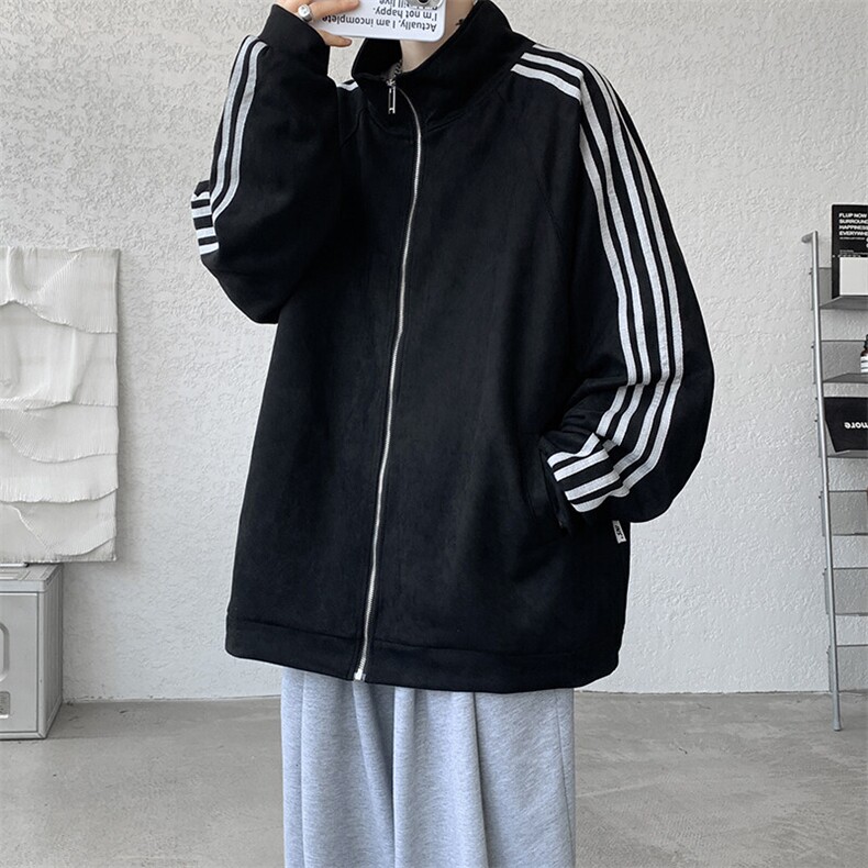 8XL-M 春季大码外套男重磅条纹麂皮绒棒球服立领夹克衫JK004P75图片