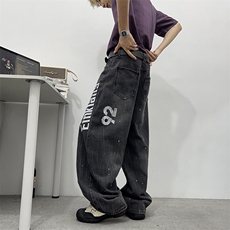 美式水洗印花牛仔裤男女嘻哈宽松复古阔腿裤子弯刀裤NZ0158-P52，男装牛仔裤，星座308B-1