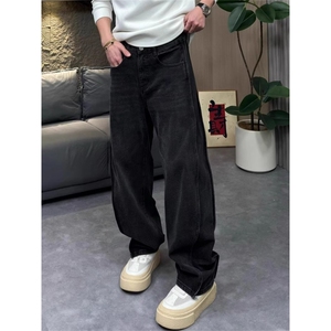 1506-1/KFT12631/P51直筒裤拼接男韩版直筒牛仔裤直筒宽松黑色
