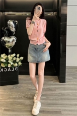潮牌时尚休闲套装女夏季新款圆领彩色纽扣针织衫短袖牛仔裙两件套，女装套装/套裙，江南