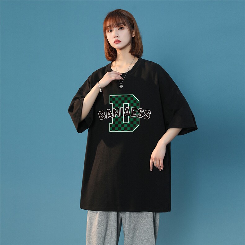 中性风2022夏季设计感字母棋盘格印花情侣T恤T1085P25控38,女装T恤,A247A
