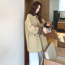 秋新款宽松咖色格纹拼接短款风衣外套，女装风衣，浙宝233
