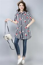 衬衫2025年夏季短袖中长款修身条纹时尚休闲舒适简约气质印花显瘦，女装衬衫，风姿绰