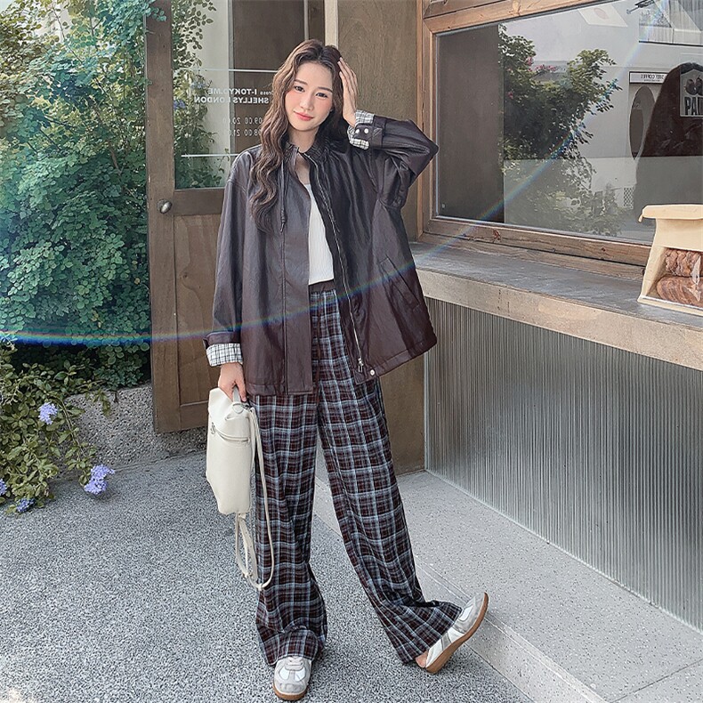 复古美式穿搭皮夹克上衣套装女春秋超火好看高级感格子长裤两件套,女装皮衣,2C209