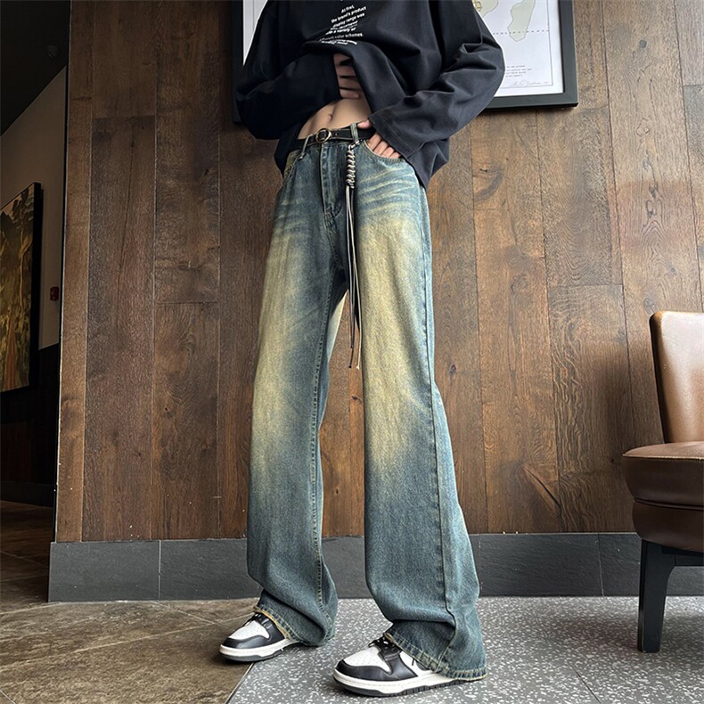 欧美高街直筒微喇牛仔裤男春秋美式街头宽松长裤N0095-P50带吊绳，男装牛仔裤，星座308B-1