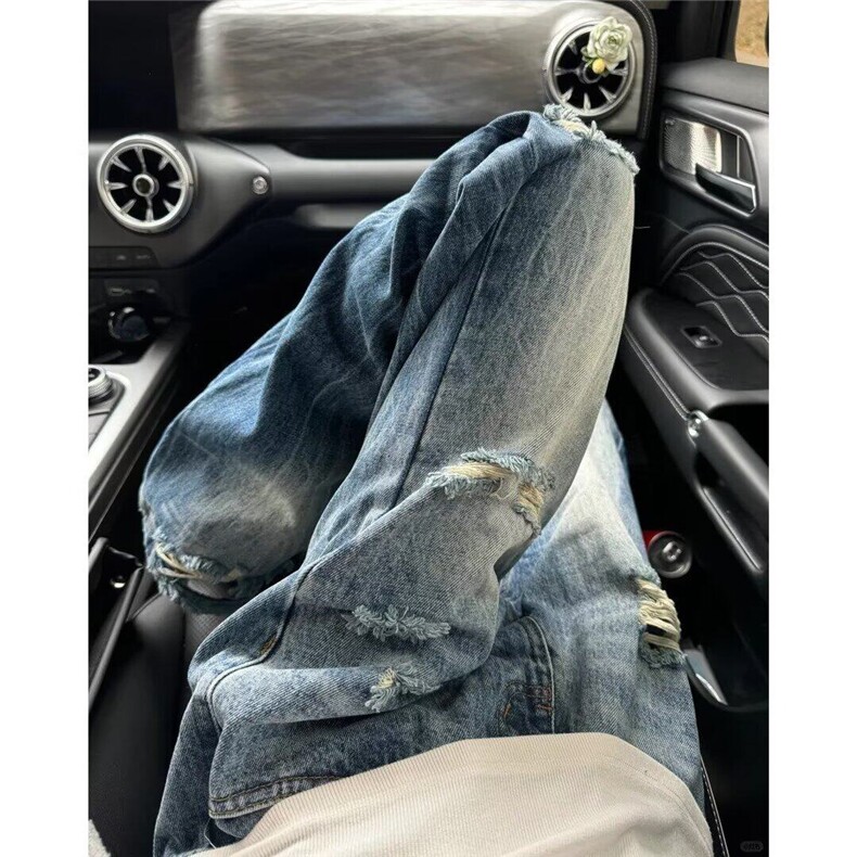 【网图现货】美式宽松复古破洞休闲牛仔长裤K424/P45，女装牛仔裤，星座205-3