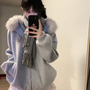 秋冬季绝美巨好看韩系学院风连帽大衣毛领加棉毛呢卫衣外套上衣