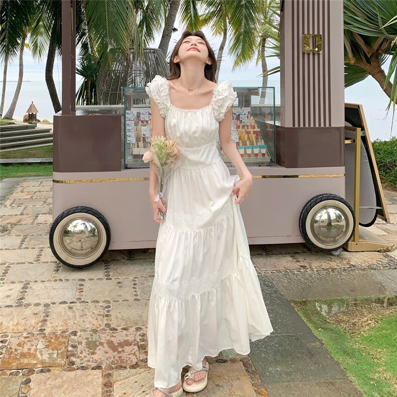 木耳边白色小飞袖连衣裙女夏季2025新款法式吊带裙超仙蛋糕长裙,女装连衣裙,2C375