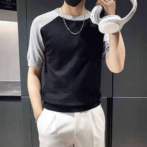 夏季新款冰丝针织短袖T恤男修身时尚社会条纹半袖打底衫 M866图片