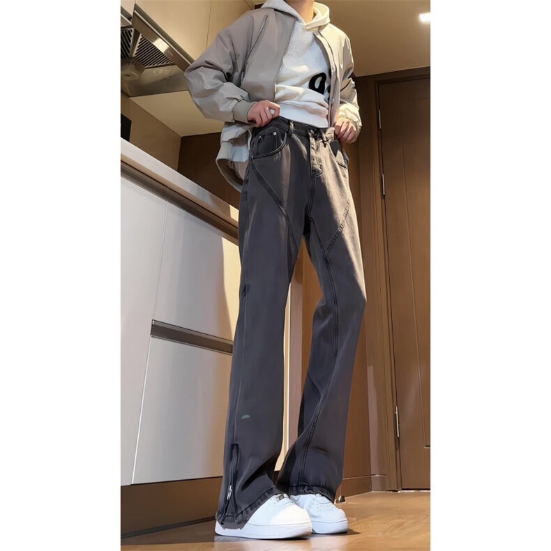 【现货】美式高街牛仔裤男vibe设计感拉链微喇直筒长裤KN330-P60,男装牛仔裤,星座610A