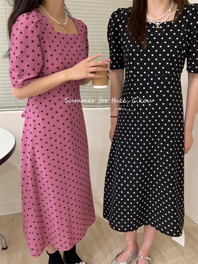 夏季波点补单连衣裙，女装连衣裙，唇蔻