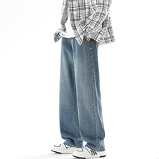 港风做旧高街直筒牛仔裤男士宽松休闲韩版潮流休闲阔腿长裤子P50，男装牛仔裤，星座205-1