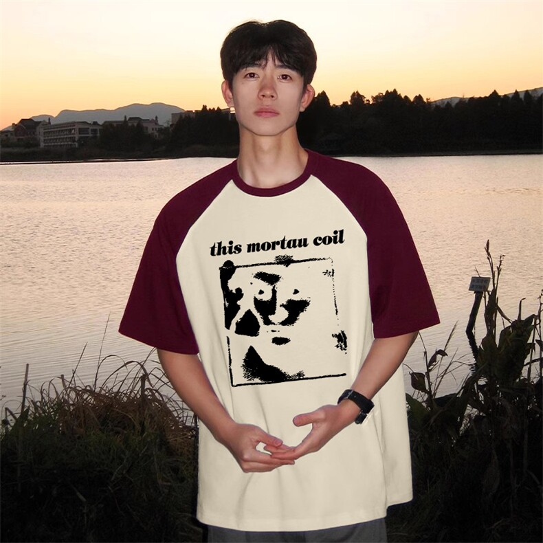 抖音得物高品质二开240克宽松纯棉美式潮牌插肩袖拼接短袖T恤,男装T恤,电商A486
