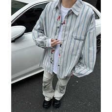 学院风刺绣条纹长袖衬衫男女日系复古设计感小众情侣衬衣CS22-P43，男装衬衫，星座308B-1