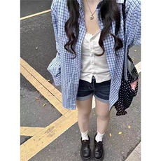 韩系松弛感格子衬衫女叠穿单穿宽松遮肉长袖开衫衬衣外穿休闲上衣，男装衬衫，星座1210-1
