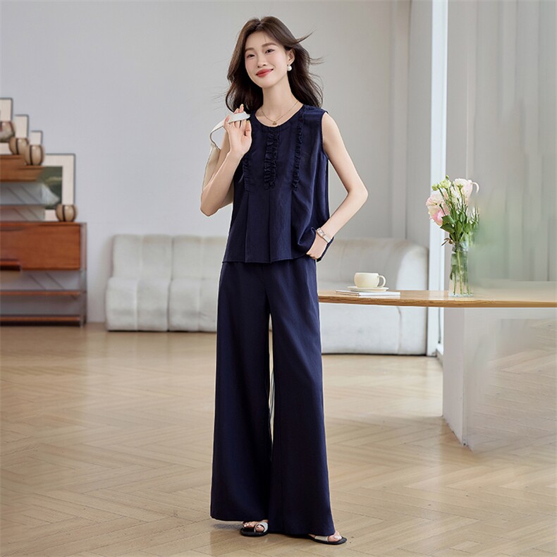 松弛感休闲时尚套装女2025夏季新款气质无袖背心衬衫阔腿裤两件套，女装套装/套裙，韩蜜菓