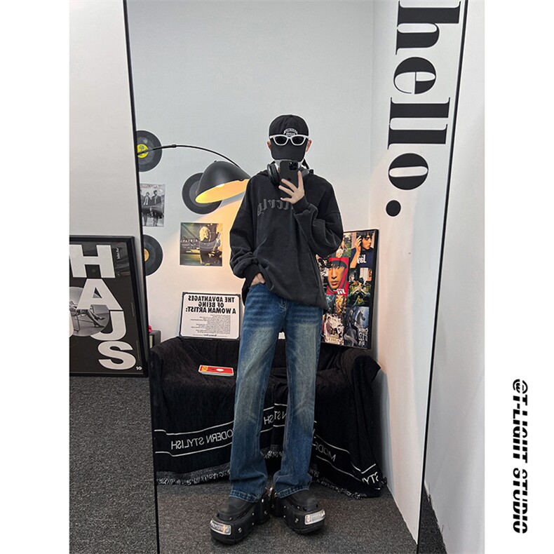 B221美式ins高街暗黑光版修身微喇牛仔裤LK23137-P55控78,男装牛仔裤,电商B221