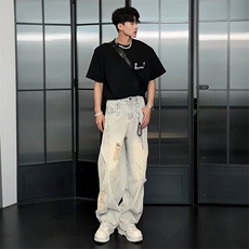 【现货】DX325-特批52蓝色水洗破洞牛仔裤男女直筒宽松阔腿裤，男装牛仔裤，星座603-2
