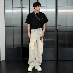【现货】DX325-特批52蓝色水洗破洞牛仔裤男女直筒宽松阔腿裤图片