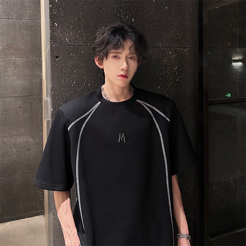 现货M金属扣高级感美式高街立体廓型垫肩款潮男T恤A071-T83-P40，男装T恤，电商A071