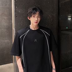 现货M金属扣高级感美式高街立体廓型垫肩款潮男T恤A071-T83-P40，男装T恤，电商A071