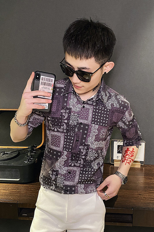 312A-102-P55新款社会小伙中袖衬衫韩版潮流男士五分袖衬衣A,男装T恤,星座312A-5