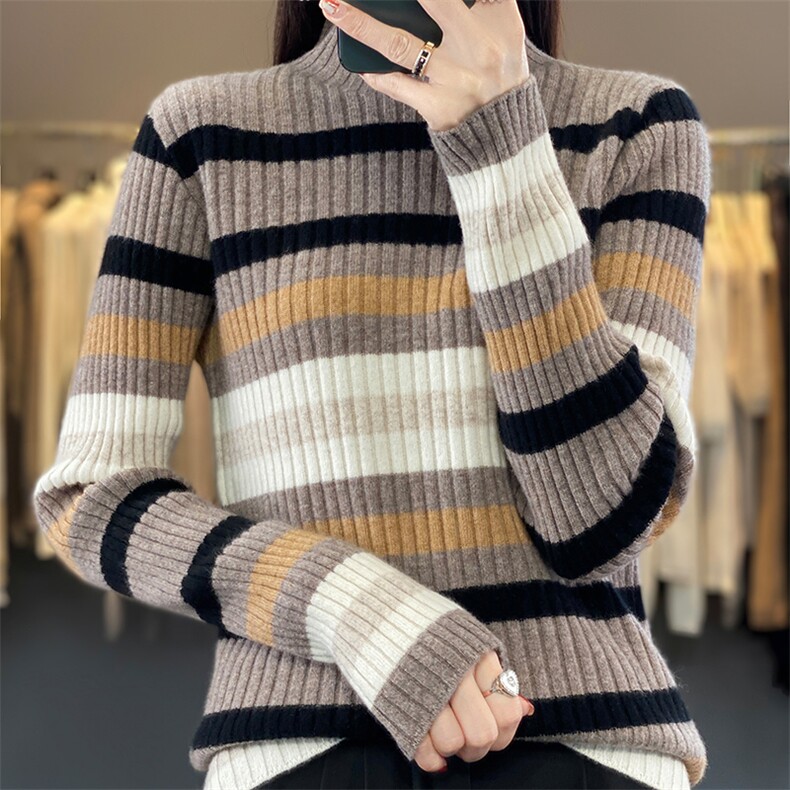 条纹圆领修身显瘦坑条内搭打底针织衫2024年秋季羊毛衫,女装羊毛衫,蒙特羊绒