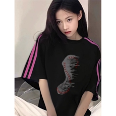 抖音得物品质二开240克宽松纯棉美式潮牌印花三条杠中性风短袖T恤，男装T恤，电商A486
