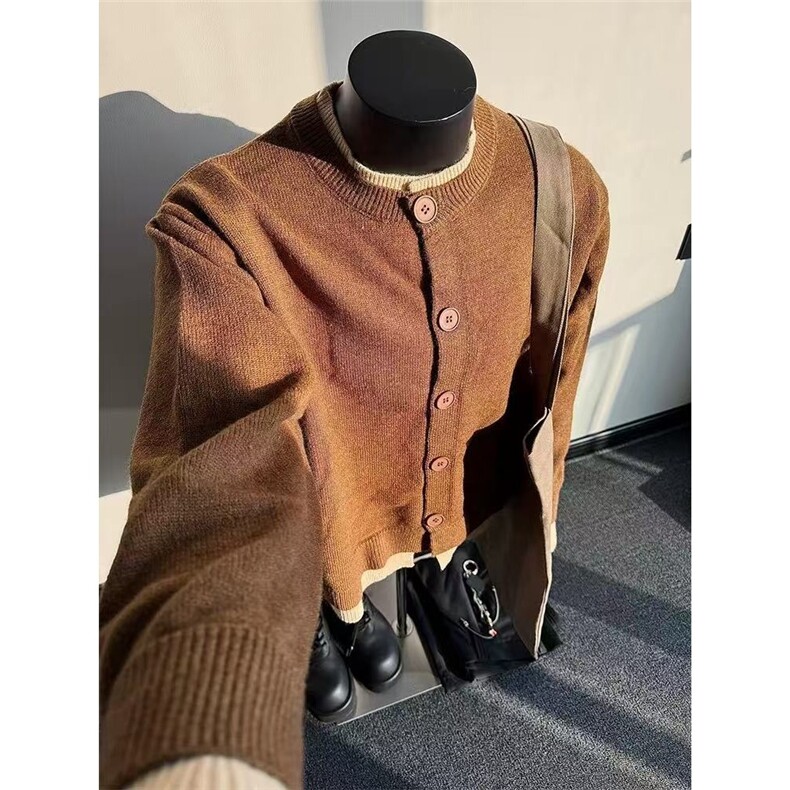 美式潮牌秋冬加厚假两件撞色毛衣休闲百搭宽松外套男女LMC033-P68图片