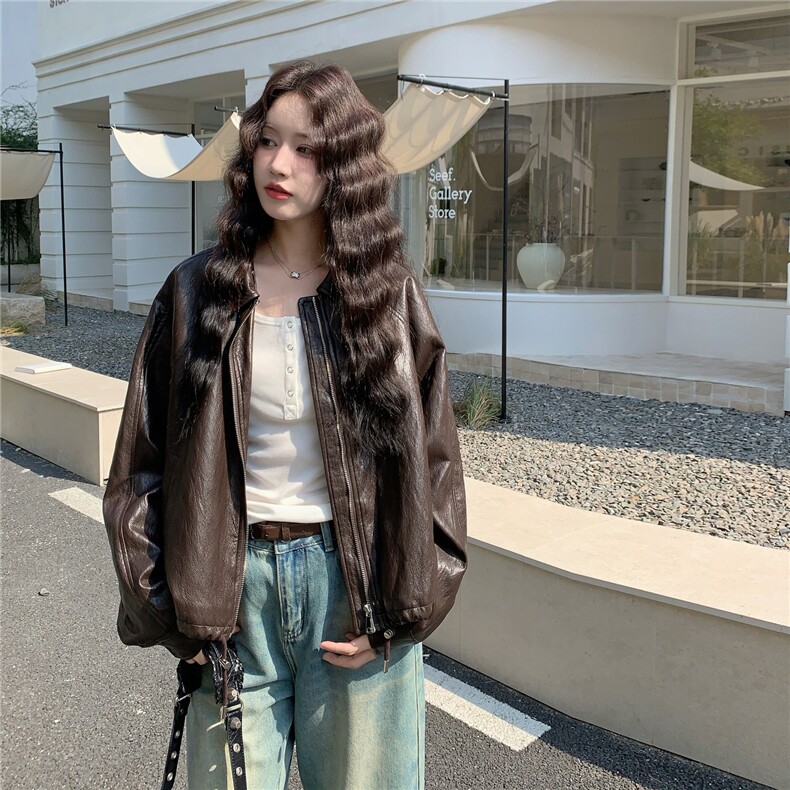 简约潮流咖色美拉德翻领皮衣外套女2025秋季日系松弛风复古pu夹克,女装皮衣,2C090