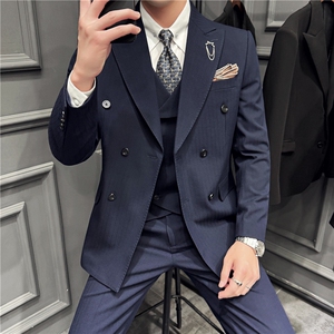 高品质色织暗条纹戗驳领双排扣西服三件套黑色SJT8063-P295图片