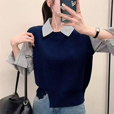 2025年秋季套头时尚百搭通勤简约休闲针织拼接假两件，女装针织衫/毛衣，萱芳婷羊绒