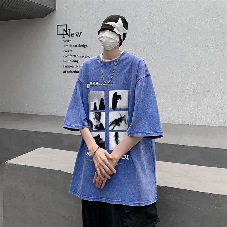 B239-1076-P38复古水洗做旧六宫格印花高街重磅落肩袖短袖T恤,男装T恤,星座514-2(原B239)