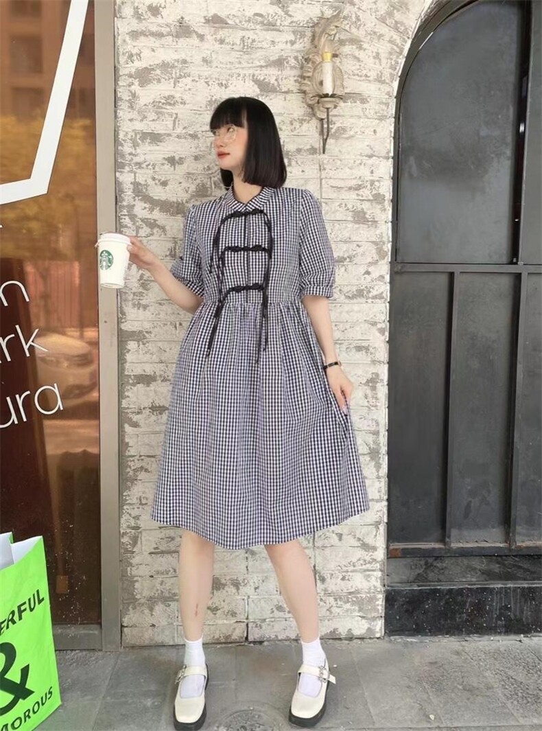 爱美欧，，夏季现货新款排扣格子连衣裙,女装连衣裙,爱美欧