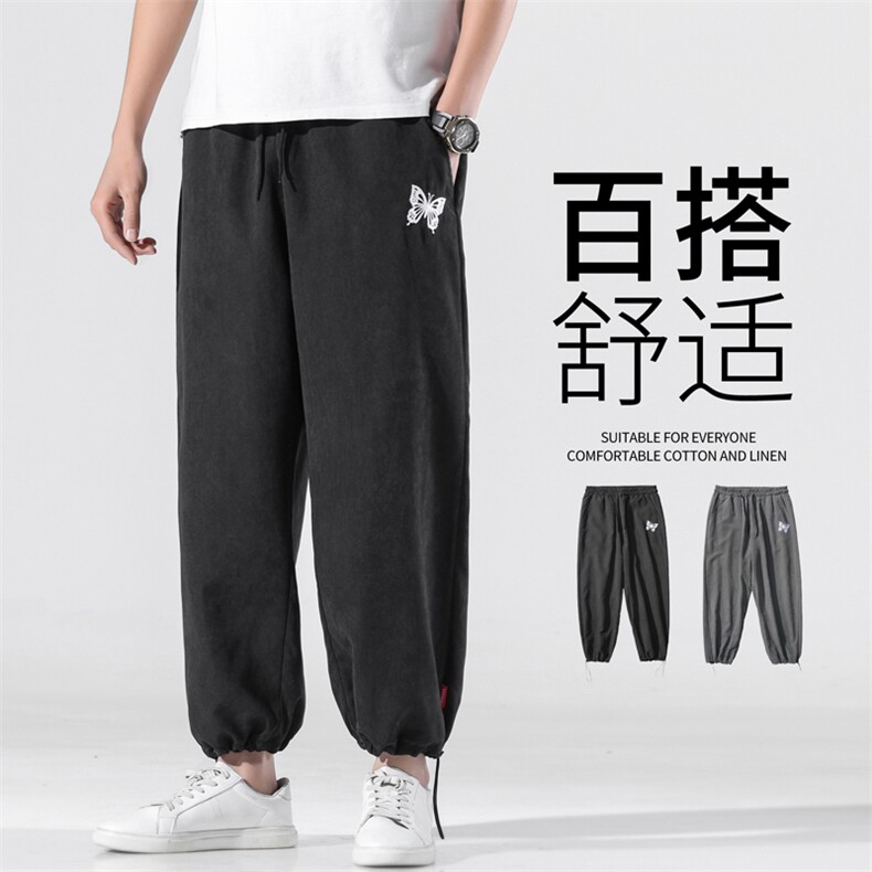 K293 P35无影墙2024春夏季风蝴蝶刺绣加大码束脚裤九分裤男图片