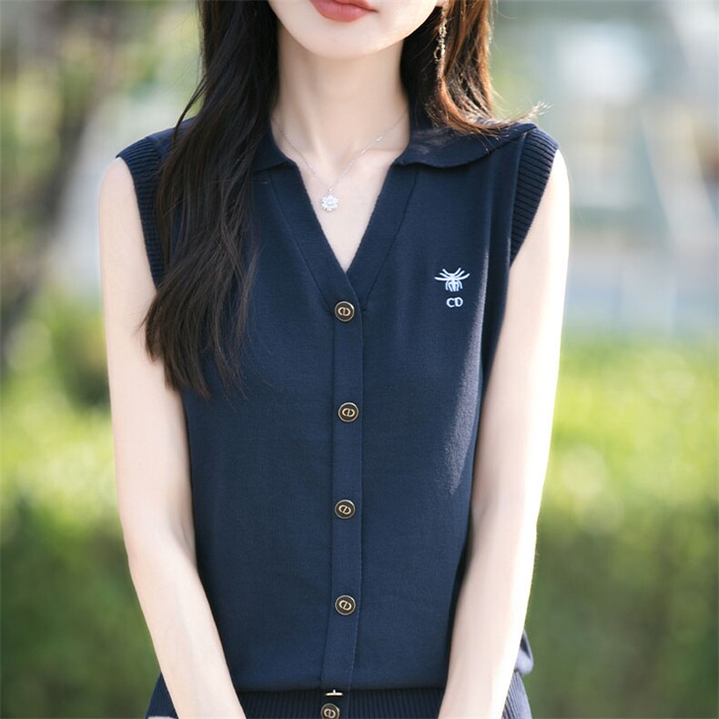 夏季翻领条纹冰丝刺绣针织背心女无袖上衣打底衫外穿宽松显瘦套头,女装T恤,萱芳婷羊绒