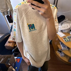 ins美式高街连肩彩色字母刺绣短袖t恤男女款小众设计感情侣上衣潮，男装T恤，星座1210-1